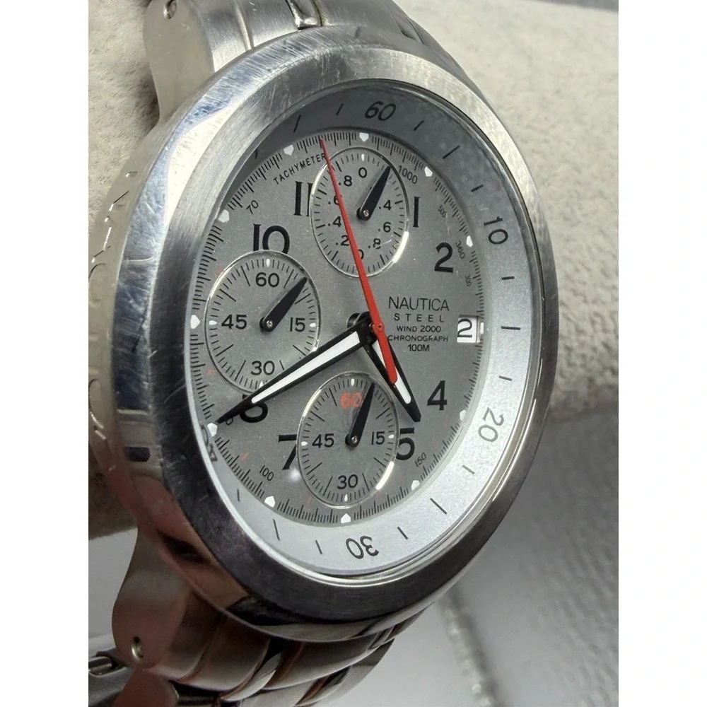 Nautica Steel Wind 2000 13001G New Battery Mens Diver Watch 39MM 6.5